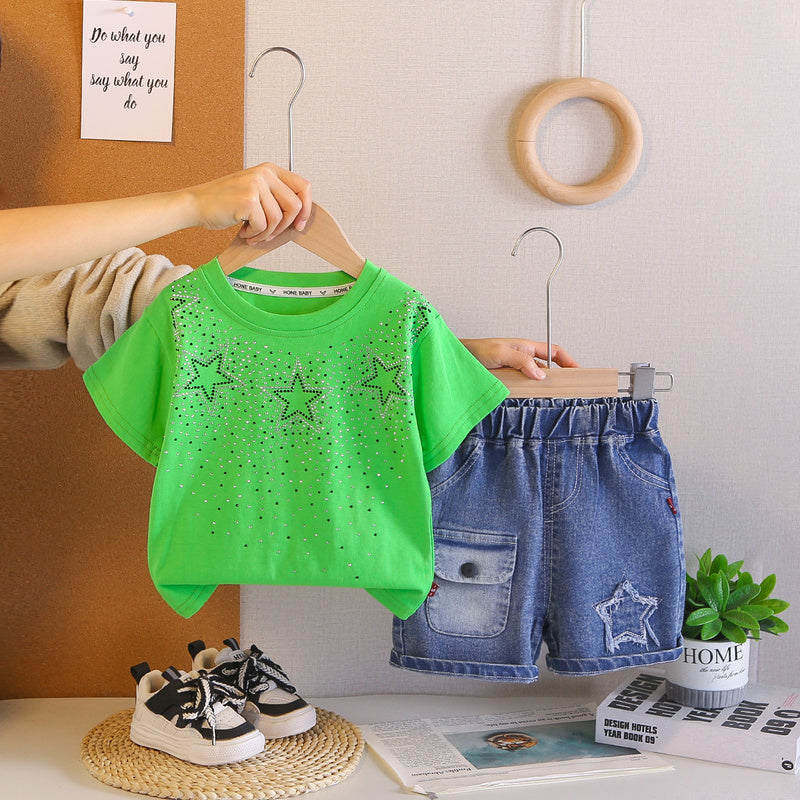 2026 Foreign Trade Summer Round Neck Rhinestone Children's Printed Thin T-shirt and Denim Two-piece Set Wholesale 3