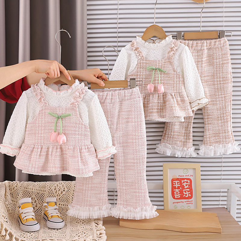 Girls' Tulip Strap 2026 New and Autumn Fashionable Spring Outfit for Baby Girls Korean Style Sweet Three-Piece Set