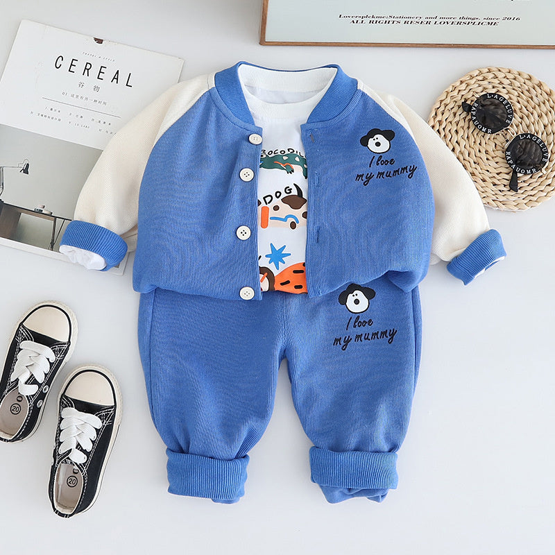 Boys' Outfit 2025 New Children's Cute Apron Puppy Three-Piece Set for 1 to 3 Years Old Baby Spring and Autumn