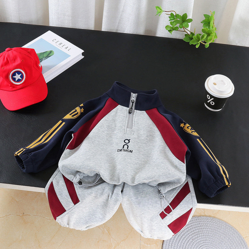 Boys' Spring and Autumn Outfit 2026 New Fashionable Infant Children's Clothing Baby Patchwork Half-Zip Two-Piece Set Trendy