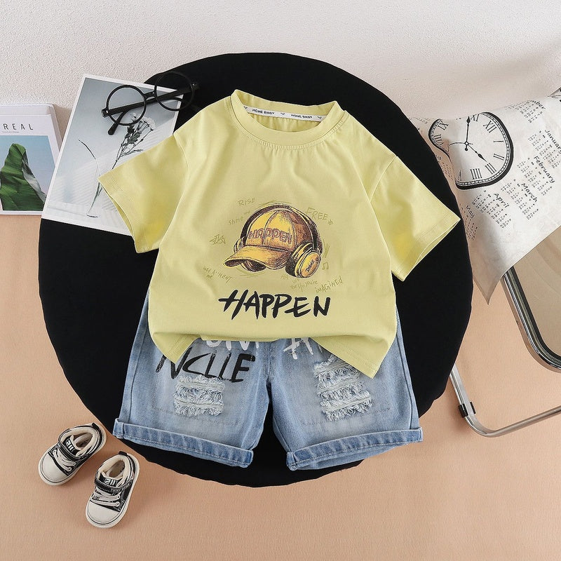 Children's clothing for boys, summer outfit 2026, Korean style, infant and toddler hat, headphones, short-sleeved stylish two-piece set