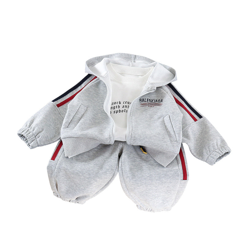 Boys' Autumn Outfit, New Spring Style for Baby Boys, Casual and Stylish Children's Clothing, Three-Piece Set with Colorful Stripes on the Shoulders