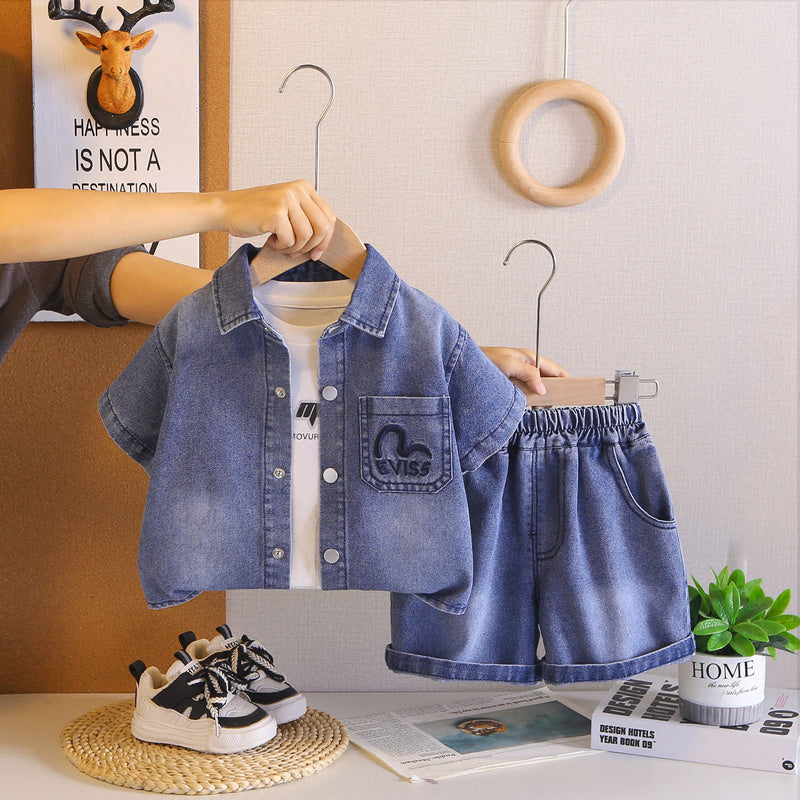 Boys' Summer Casual 2026 New Korean Style Children's Heart-Shaped Denim Cardigan Short-Sleeve Three-Piece Set