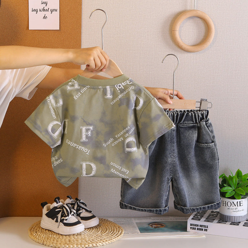 Boys' Short-Sleeve 2026 New Summer Outfit Baby Korean Version Full-Print English Foam Thin Two-Piece Trendy Set