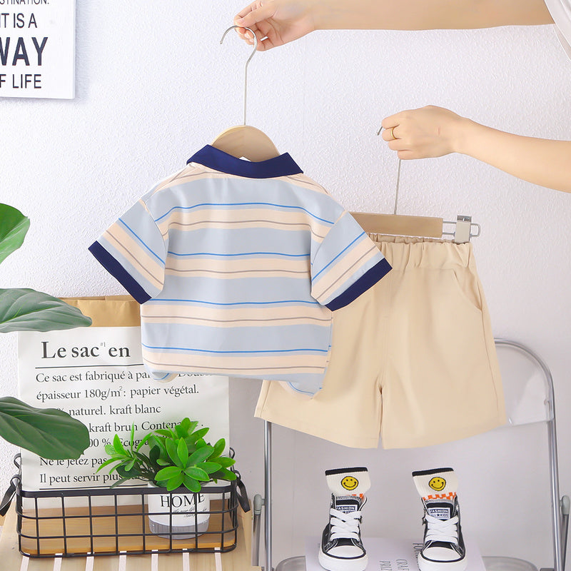 Children's short-sleeve set with striped placket shirt, boys' t-shirt, baby summer clothing, shorts, infant clothes, new trendy style