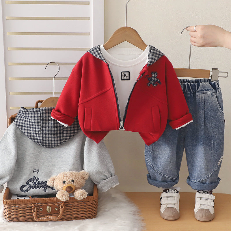 Children's Clothing 1-2-3-4 Years Old Boys Plaid Hooded Bear Three-Piece Set Baby Spring and Autumn Outfit Wholesale