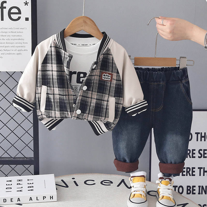 Boys' Spring Outfit Set, Stylish and Trendy 2026 New Clothes, Baby Boy Plaid Jacket Three-Piece Set