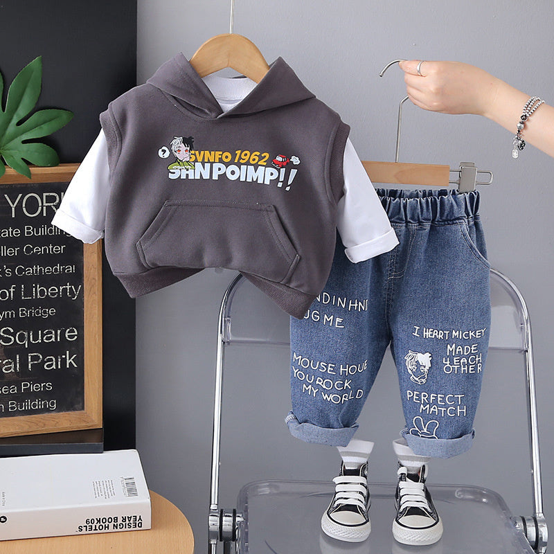 Boys' Outfit 2025 New Children's Hooded Vest Three-Piece Set for 1 to 4 Year Old Baby Boys Spring and Autumn