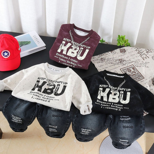 Boys' Spring and Autumn Outfit 2026 New Fashionable Infant Children's Clothing Baby Casual Long Sleeve Two-Piece Set with Chain