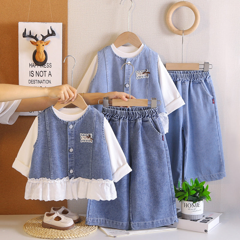 Baby Clothes Spring and Autumn, Cute Long-Sleeve Denim Lace Vest Three-Piece Set for Girls, 0-2 Years Old, Wholesale