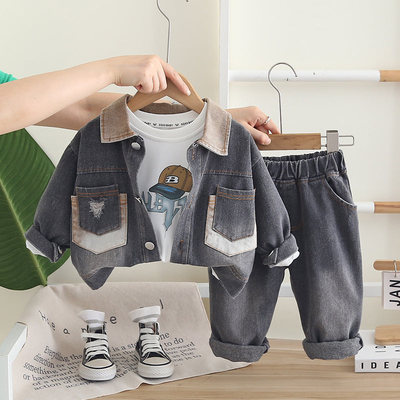 Outfit 2025 New Children's Spring and Autumn Clothes Boys' Denim Double Pocket Three-Piece Set