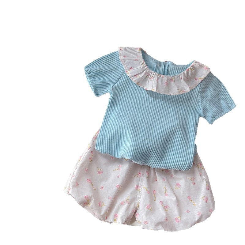Girls' summer thin outfit, children's clothing in solid color with floral collar, short-sleeved clothes, stylish two-piece set for baby girls