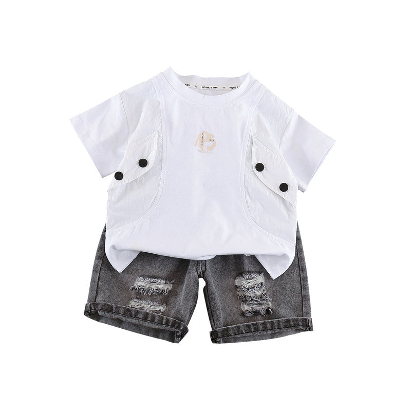 Summer Outfit 2026 New Style Toddler Double-Button Faux Pocket Short-Sleeve Two-Piece Set for Boys Stylish Children's Clothing