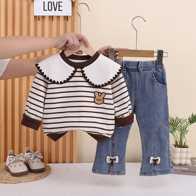Girls' Spring and Fashionable Outfit 2026 New Baby Girl Striped Turn-down Collar Long Sleeve Autumn Clothes Infant Korean Style Trendy