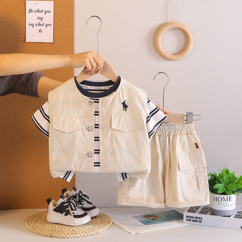 Baby Outfit 2026 New Fashionable Boys' Summer Workwear Short Sleeve Stylish Three-Piece Set Infant Toddler Clothing