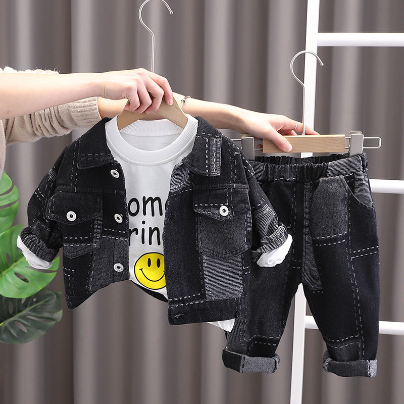 New Fashion Set for Boys Girls, Patchwork Denim Jacket, Spring Autumn Three-Piece Set, Stylish and Trendy Baby Clothing, Dropshipping Available