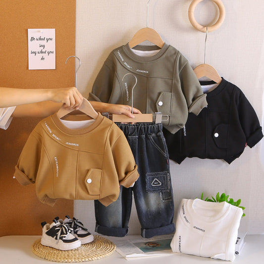 Sweatshirt Spring New Style Boys' Korean Version 2025 Kids' Patchwork Sports Set Casual Children's Clothing