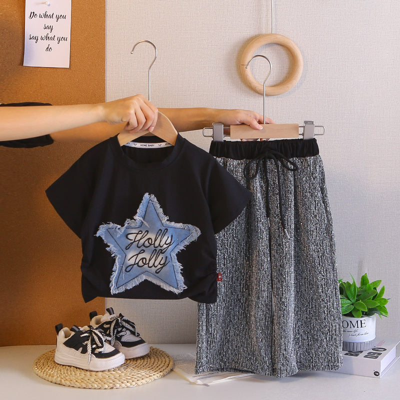 Children's Summer Stylish Outfit 2026 New Girls' Casual Rhinestone Star Short Sleeve Long Pants Two-Piece Set