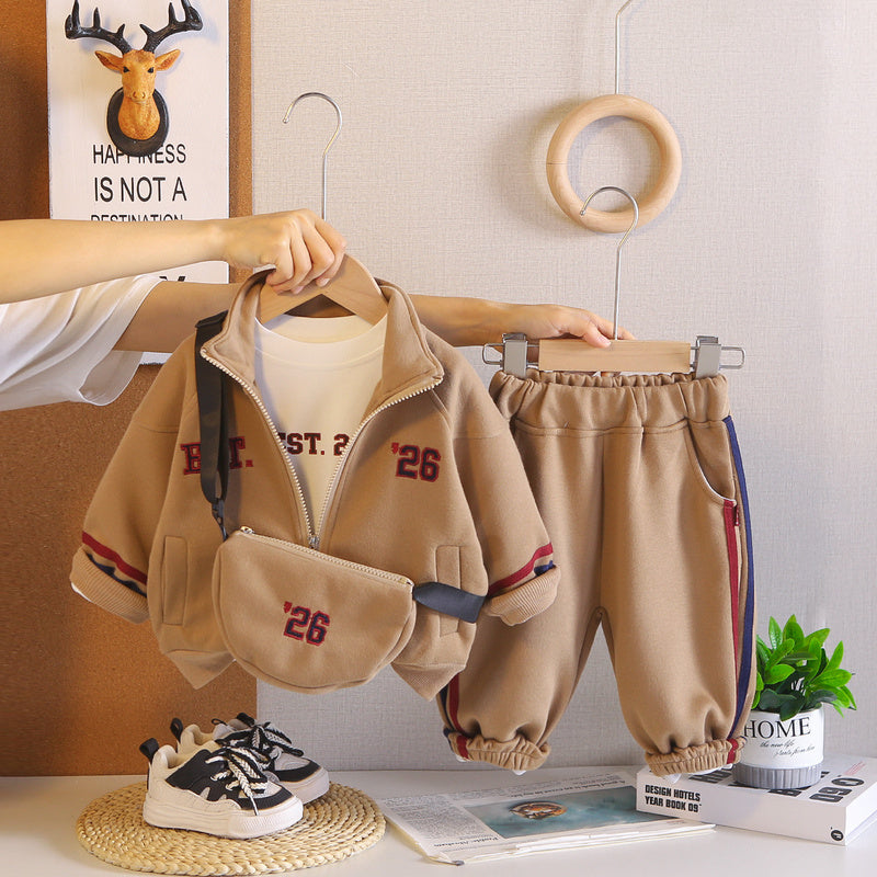 Boys' Spring and Autumn 2026 New Fashionable Baby Fall Outfit Long Sleeve Digital Print Crossbody Bag Three-Piece Set Infant Children's Clothing
