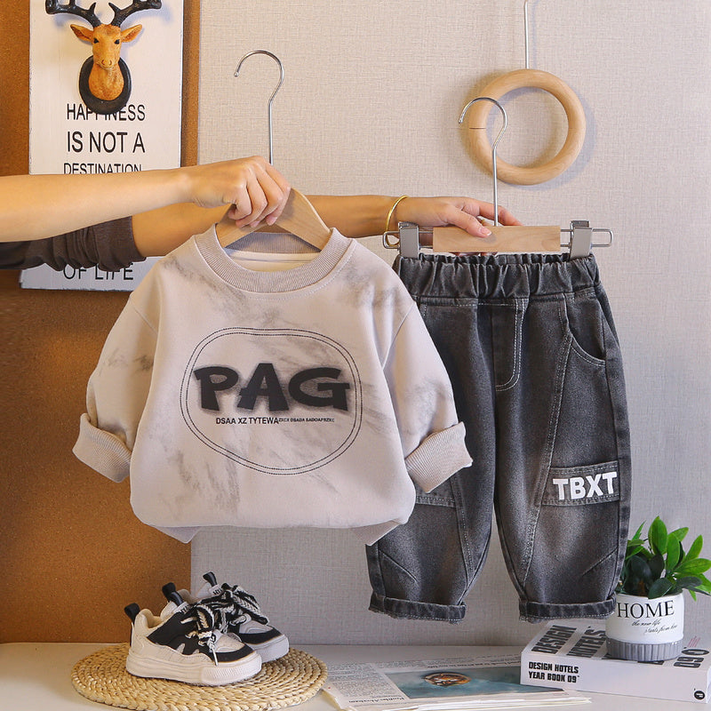 Boys' Outfit, Stylish New 2026 Baby Sweatshirt Two-Piece Set, Cool Long-Sleeve Spring and Autumn Clothing, Trendy Wholesale