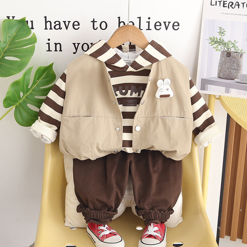 Boys' Set 2026 New Spring and Autumn Fashionable Baby Clothes Striped Vest Three-Piece Trendy Outfit