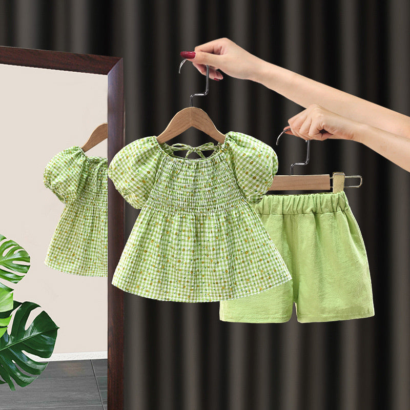 New Girls' Summer Floral Princess Set Baby Infant Korean Style Fashionable Short Sleeve Elegant Pastoral Two-Piece