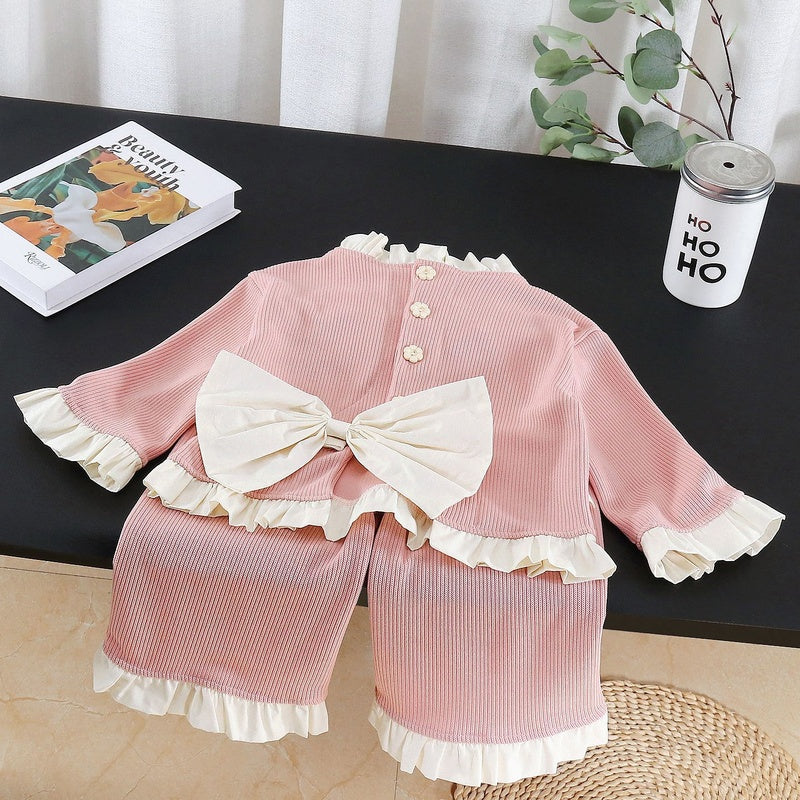 Girls' Autumn Outfit 2026 New Fashionable Baby Girl Spring/Autumn Two-Piece Set with Large Bow on the Back Trendy