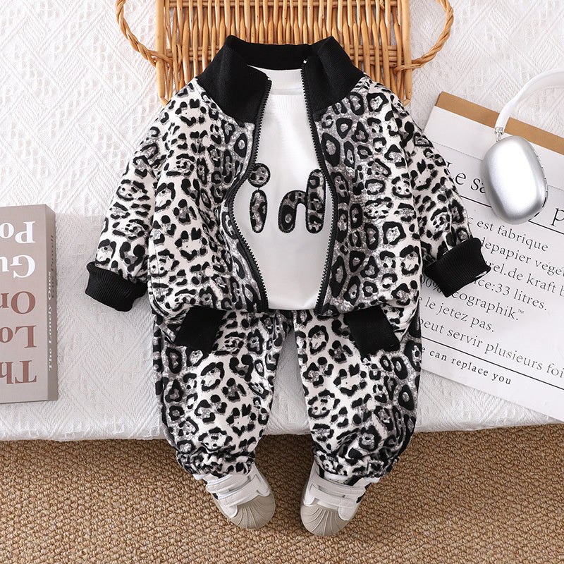 Boys' Clothing Baby Outfit Stand Collar Leopard Print Sports Two-Piece Set 2025 New Infant Spring Autumn Season 1 to 5 Years
