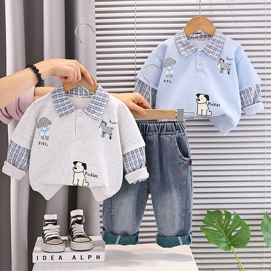 Children's clothing boys, stylish Polo sweatshirt set, fashionable cute puppy outfit for babies toddlers in spring and autumn