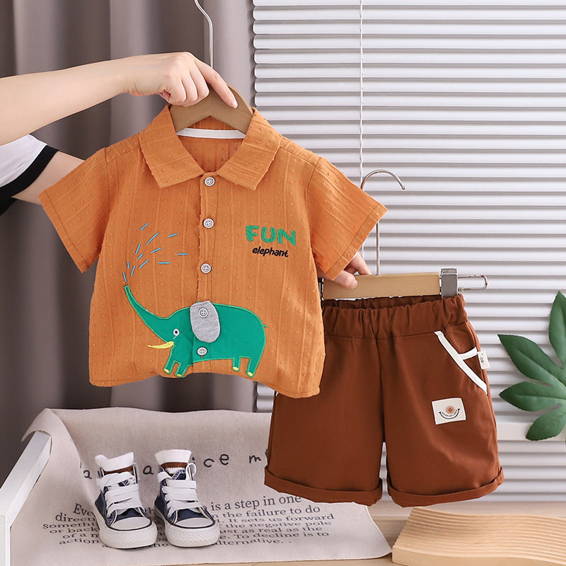 Outfit 2026 New Fashionable Baby Summer Clothes Boys' Elephant Print Short Sleeve Two-Piece Set Trendy