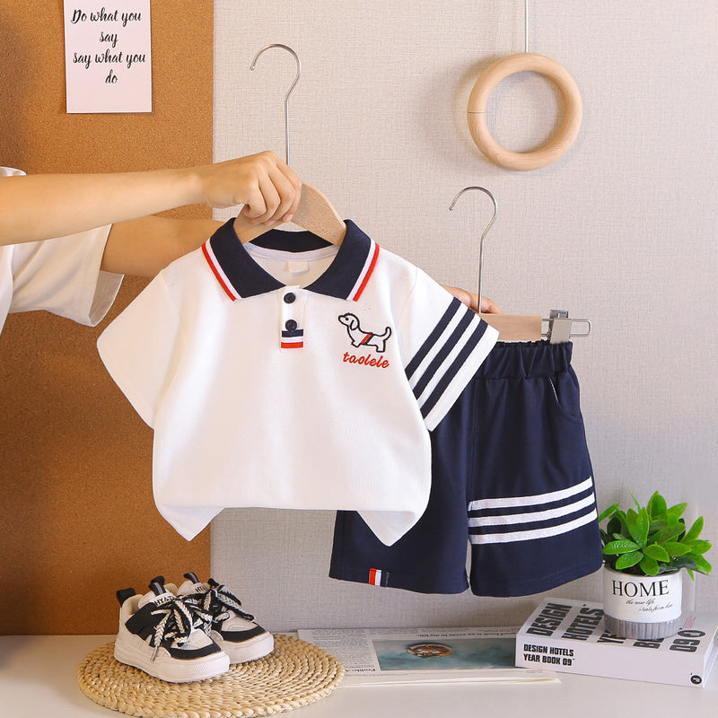 Children's outfit boys: puppy print Polo shirt, short-sleeved, lightweight, stylish two-piece set with shorts for baby boys, casual summer wear