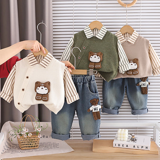 Boys' Outfit 2026 New for Baby Boys Toddlers, Spring and Autumn Fashionable Korean Style Sweater with Bear Design, Three-Piece Set