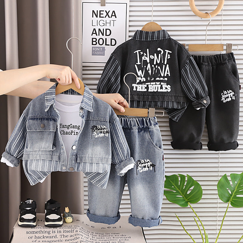 Boys' Spring and Autumn Casual Outfit 2026 New Style Baby Fall 1-3-5 Years Old Vertical Stripe Patchwork Denim Three-Piece Set Trendy