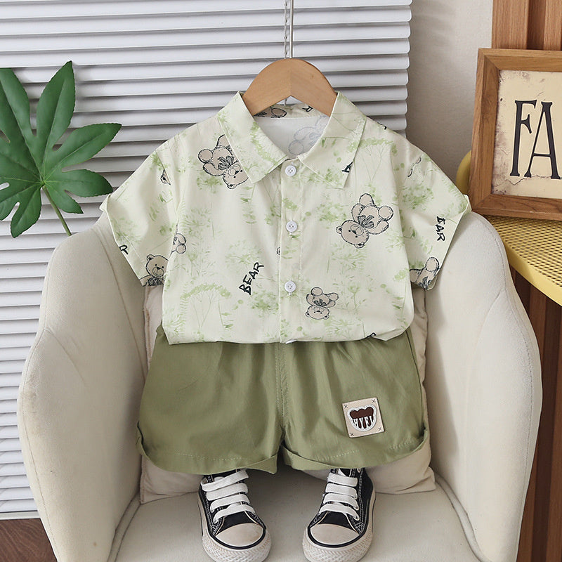 Boys' Outfit 2026 New Short-Sleeve Stylish Toddler Summer Wear Bear Shirt Two-Piece Set Baby Trendy Clothes