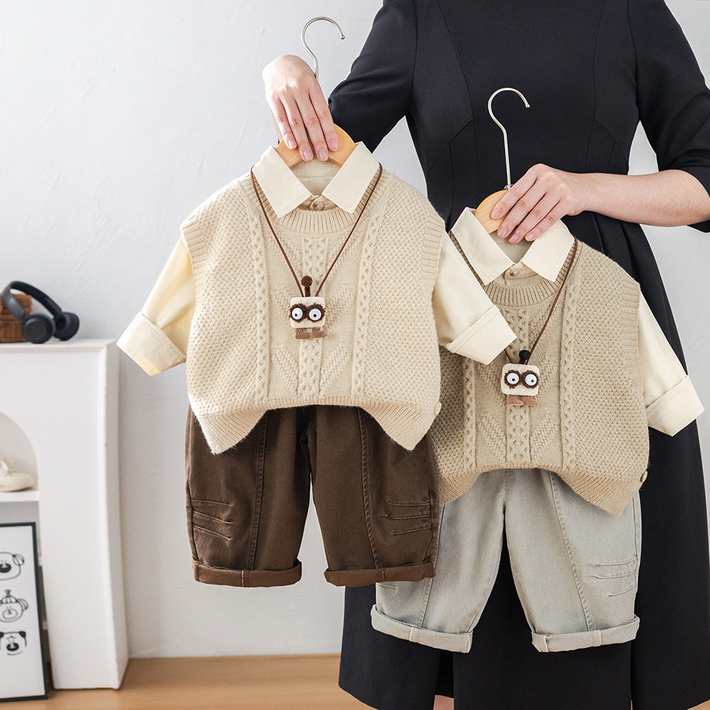 Baby boy spring outfit set, stylish handsome toddlers, 2-piece baby clothing for 1-3 years old, with pendant and sweater, trendy three-piece set