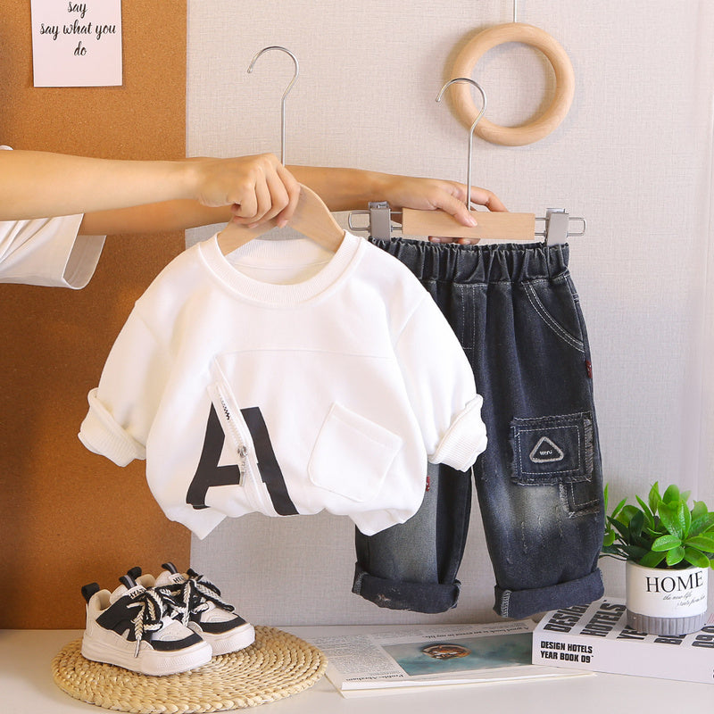 Boys' Spring and Autumn Casual Outfit 2026 Fashionable Baby Large Letter Zipper Sweatshirt New Two-Piece Set