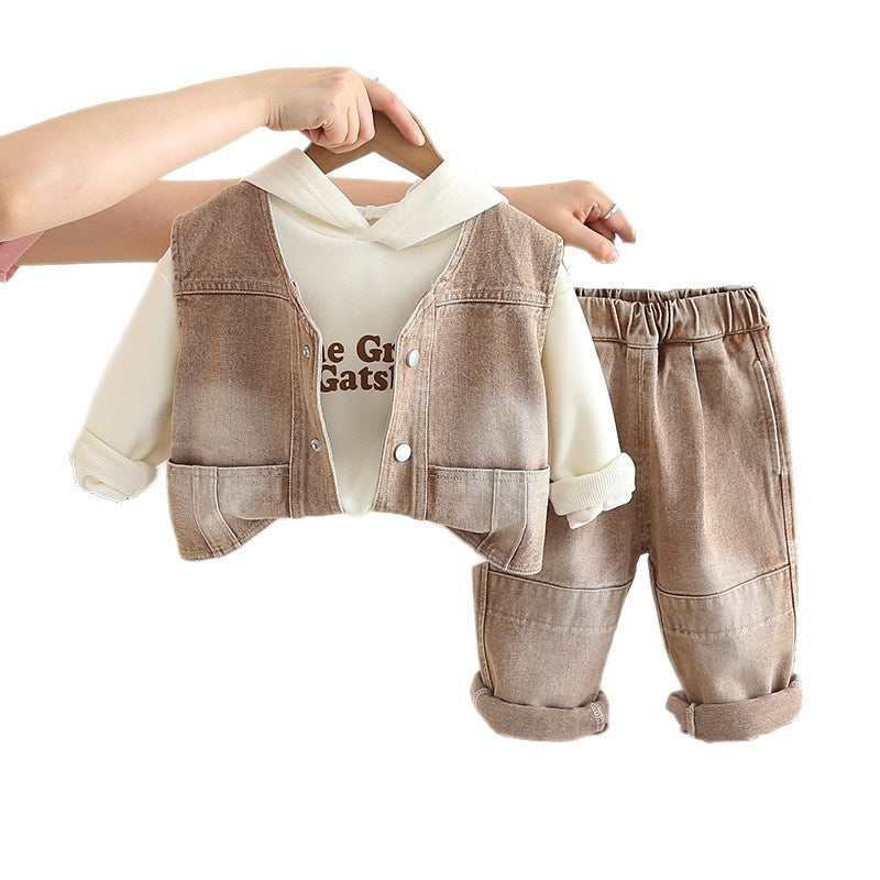 Baby Clothes Stylish Boys 2025 New Spring Autumn Infant Children Hat Letter Vest Three-Piece Set