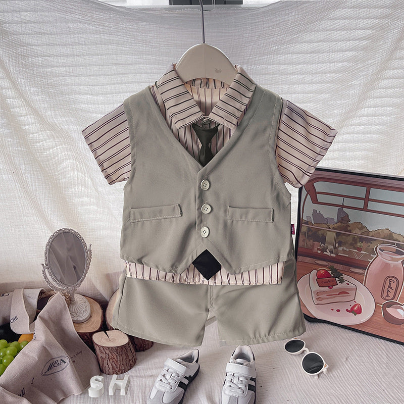 Boys' clothing, children's short-sleeve suit, new style baby boy summer vest suit three-piece set, stylish and trendy for ages 1-4