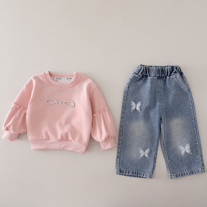 Girls' Sweatshirt Outfit 2026 New Baby Spring and Autumn Bow Two-Piece Set Infant Children's Clothing
