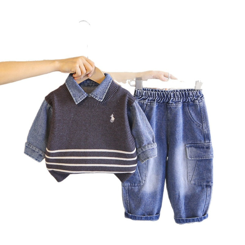 Boys' Autumn Outfit Set Spring/Autumn 2026 New Fashionable Embroidered Sweater and Pants for 1-2 Year Old Baby Boys