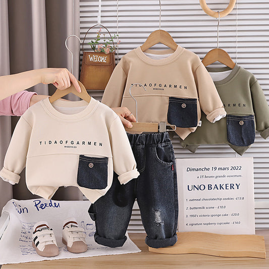 Boys' Suit 2026 New Style Children's Stylish Big Pocket Sweatshirt Outfit Baby Fashionable Spring and Autumn Two-Piece Set
