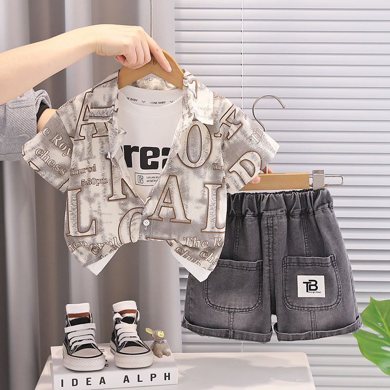 Boys' outfit 2026 new stylish baby with large English print short-sleeve shirt, infant summer three-piece trendy set