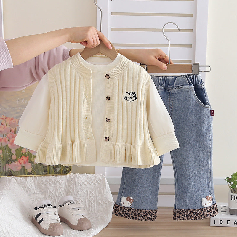 Girls' Cartoon Kitten Sweater Three-Piece Set, Stylish Fashionable Spring Autumn Clothes for Girls and Babies
