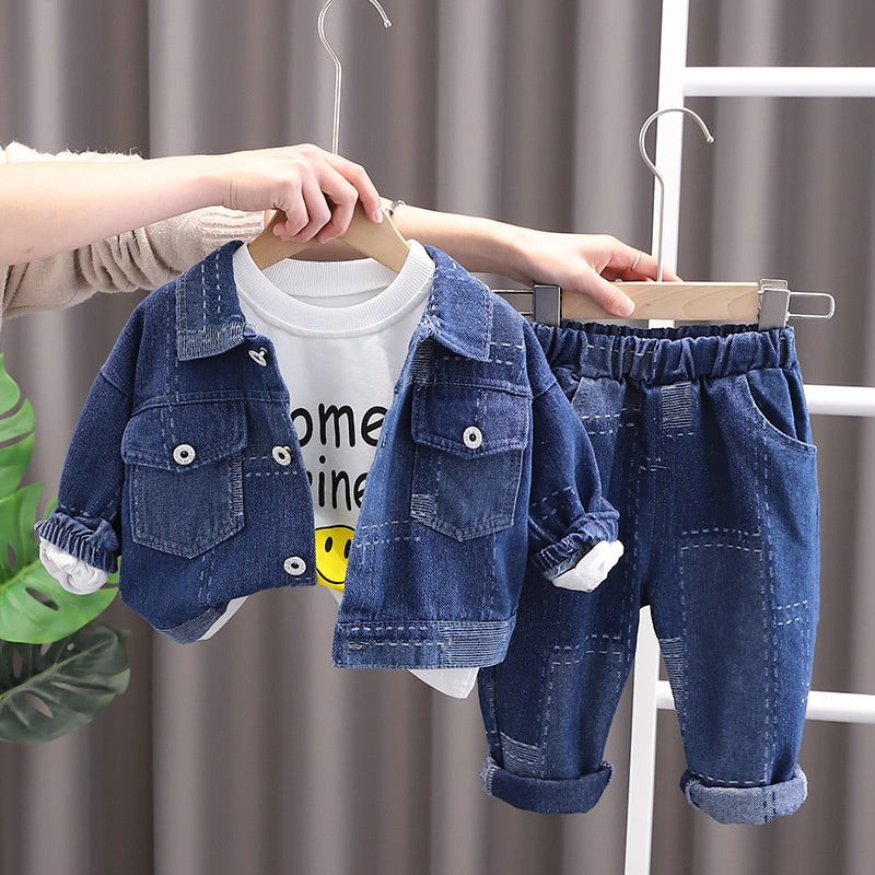 New Fashion Set for Boys Girls, Patchwork Denim Jacket, Spring Autumn Three-Piece Set, Stylish and Trendy Baby Clothing, Dropshipping Available