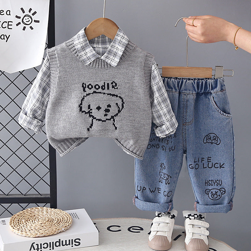 Boys' Outfit 2026 New Style Infant Children's Spring Autumn Puppy Sweater Vest Three-Piece Set Cute and Trendy for Baby Boys