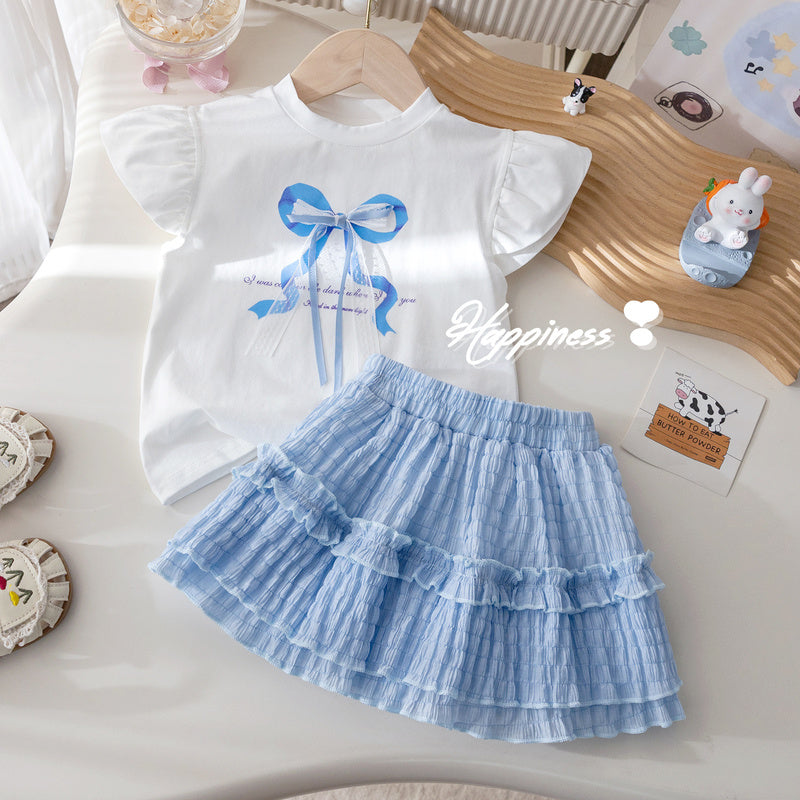 Korean children's clothing girls: outfit with lace bow, flutter-sleeve T-shirt, stylish pleated short skirt, trendy summer wear for girls