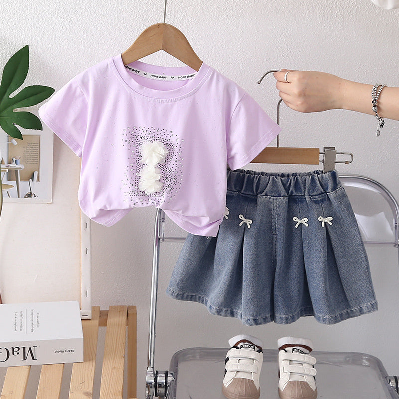 Outfit 2026 New Fashionable Children's Clothing with Rhinestones Short Sleeve Baby Girl Summer Two-Piece Set