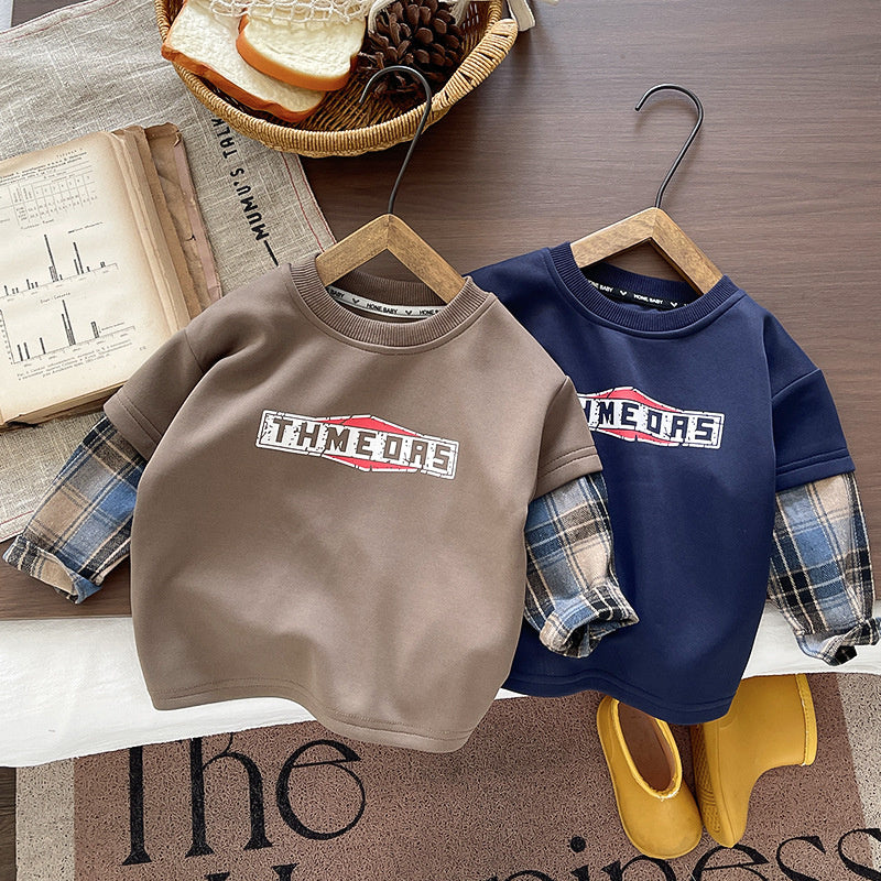 Boys' Outfit Baby 2026 New Fashionable Infant Children's Spring and Autumn Stylish Round Neck Spliced Sleeve Two-Piece Set