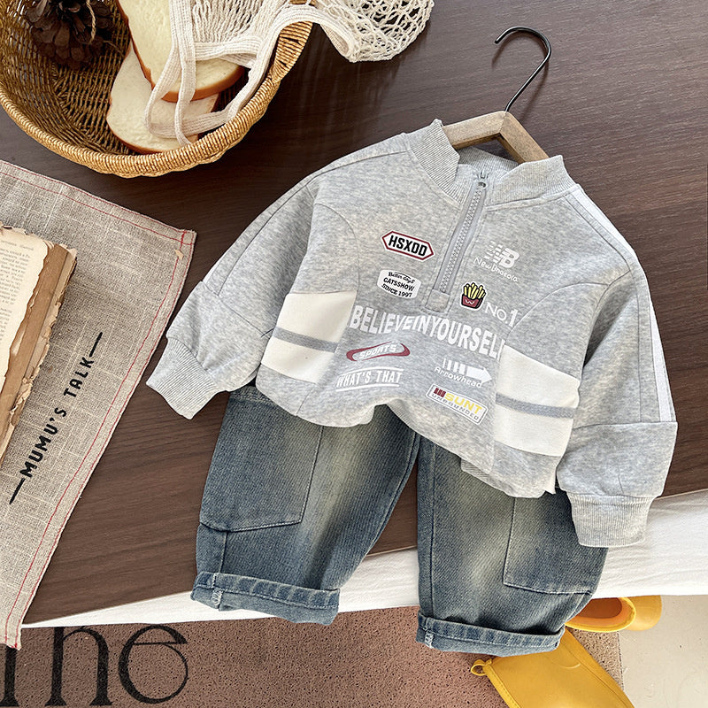 Boys' sports suit spring autumn, motorcycle-style half-zip sweatshirt, long-sleeve casual two-piece set, cool stylish autumn outfit for infants and toddlers
