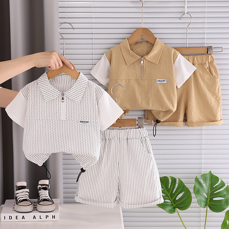 Boys' Outfit 2026 New Style Infant and Toddler Half-Zip Short-Sleeve Clothes Stylish Baby Boy Summer Two-Piece Set